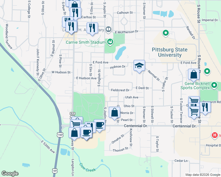 map of restaurants, bars, coffee shops, grocery stores, and more near 411 Fieldcrest Drive in Pittsburg