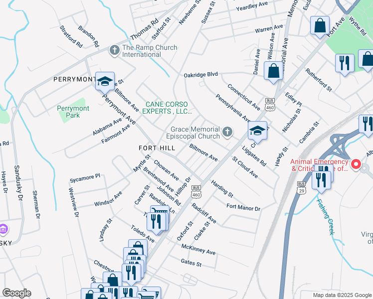 map of restaurants, bars, coffee shops, grocery stores, and more near 4304 Tremont St in Lynchburg