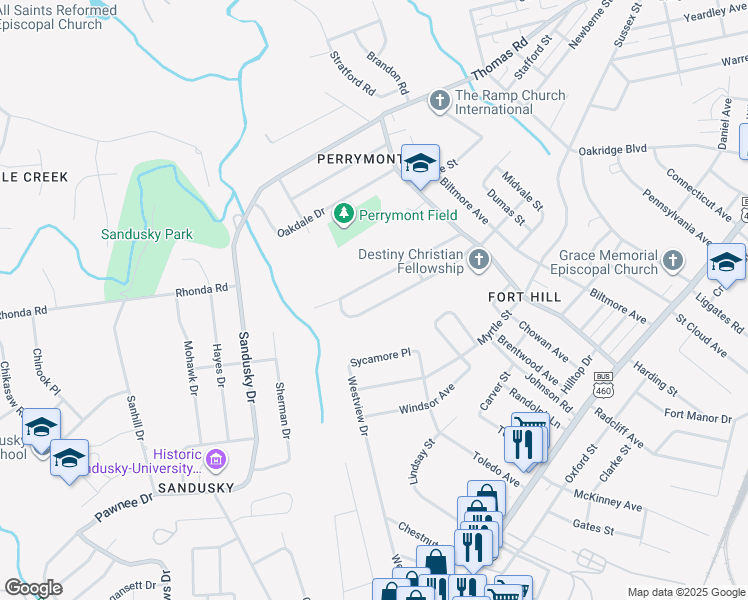 map of restaurants, bars, coffee shops, grocery stores, and more near 4627 Fairmont Avenue in Lynchburg