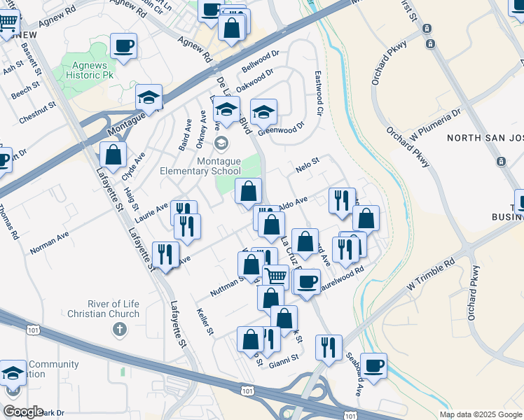 map of restaurants, bars, coffee shops, grocery stores, and more near 3500 De La Cruz Boulevard in Santa Clara