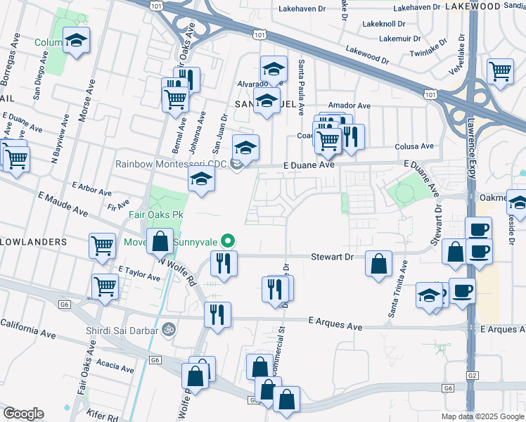 map of restaurants, bars, coffee shops, grocery stores, and more near 818 Gridley Terrace in Sunnyvale
