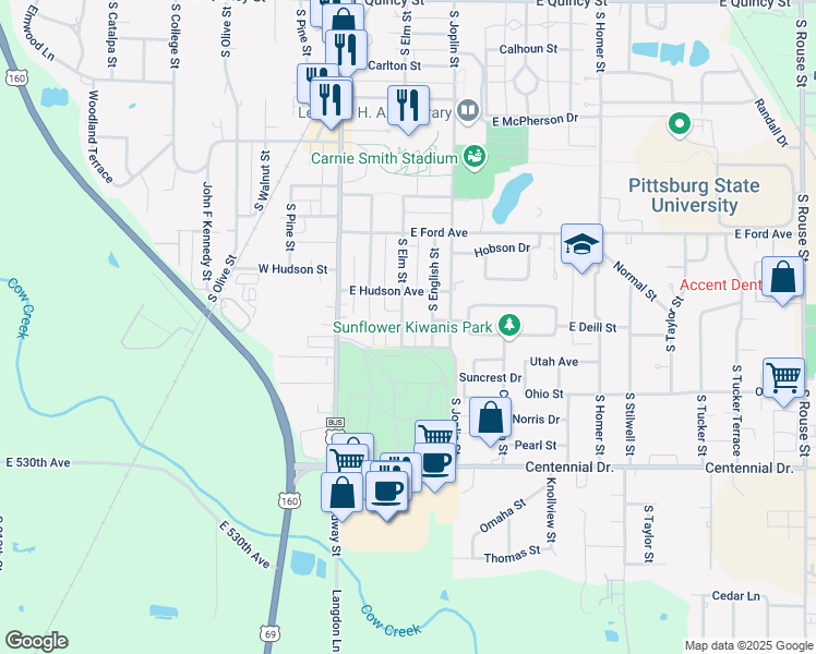 map of restaurants, bars, coffee shops, grocery stores, and more near 2017 South Elm Street in Pittsburg