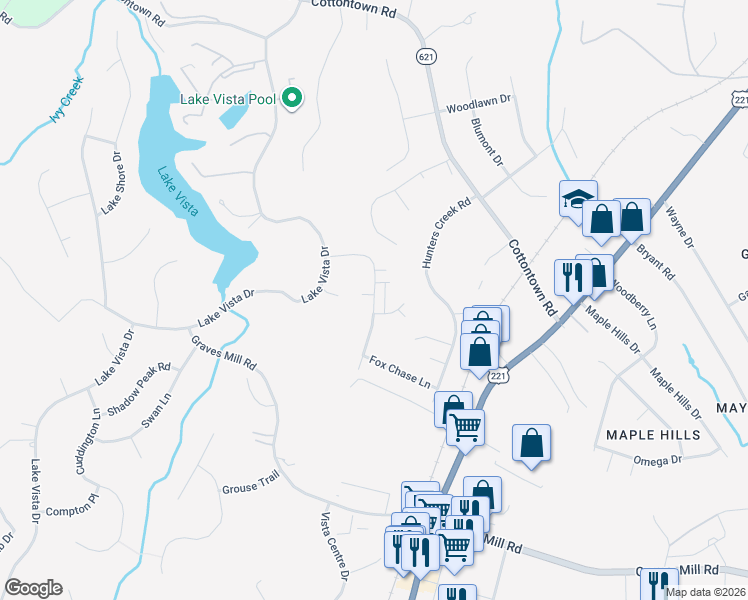 map of restaurants, bars, coffee shops, grocery stores, and more near 1237 Sleepy Oak Lane in Forest