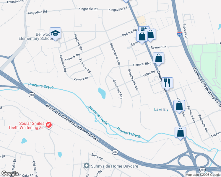 map of restaurants, bars, coffee shops, grocery stores, and more near 10061 South General Boulevard in Richmond