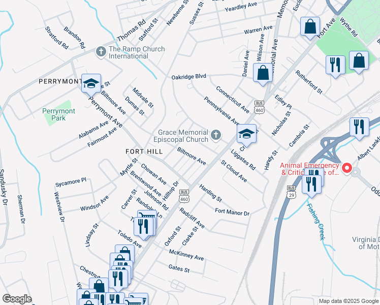 map of restaurants, bars, coffee shops, grocery stores, and more near 1012 Biltmore Avenue in Lynchburg
