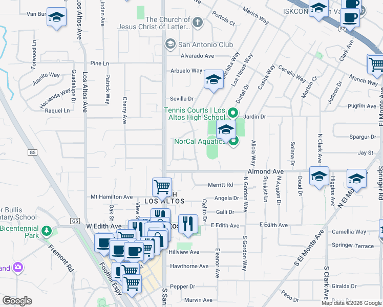 map of restaurants, bars, coffee shops, grocery stores, and more near 95 Dior Terrace in Los Altos