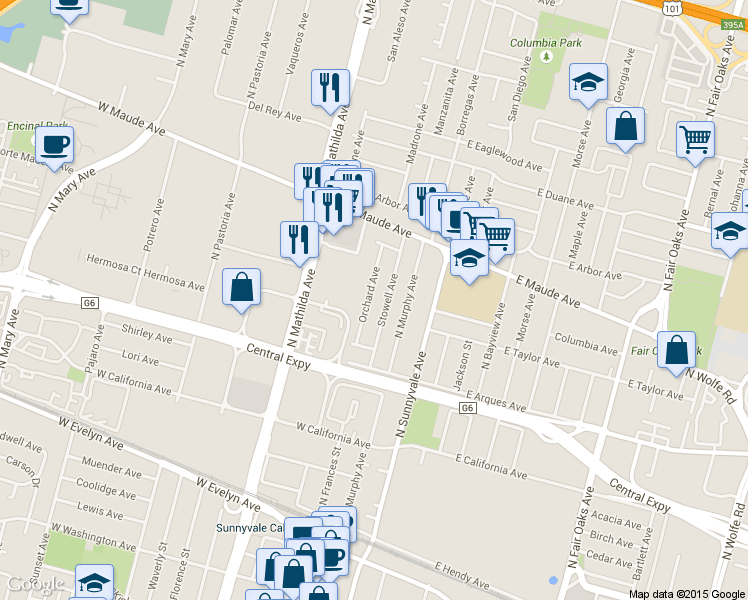 map of restaurants, bars, coffee shops, grocery stores, and more near 345 Stowell Avenue in Sunnyvale