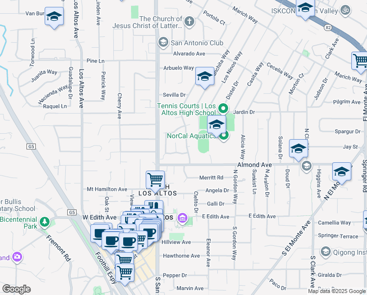 map of restaurants, bars, coffee shops, grocery stores, and more near 95 Dior Terrace in Los Altos