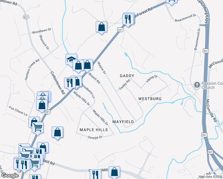 map of restaurants, bars, coffee shops, grocery stores, and more near 124 Wayne Drive in Lynchburg