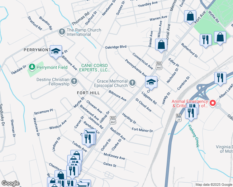 map of restaurants, bars, coffee shops, grocery stores, and more near 1008 Biltmore Avenue in Lynchburg