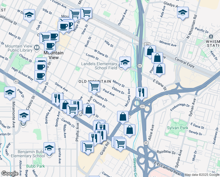 map of restaurants, bars, coffee shops, grocery stores, and more near 105 Eldora Drive in Mountain View