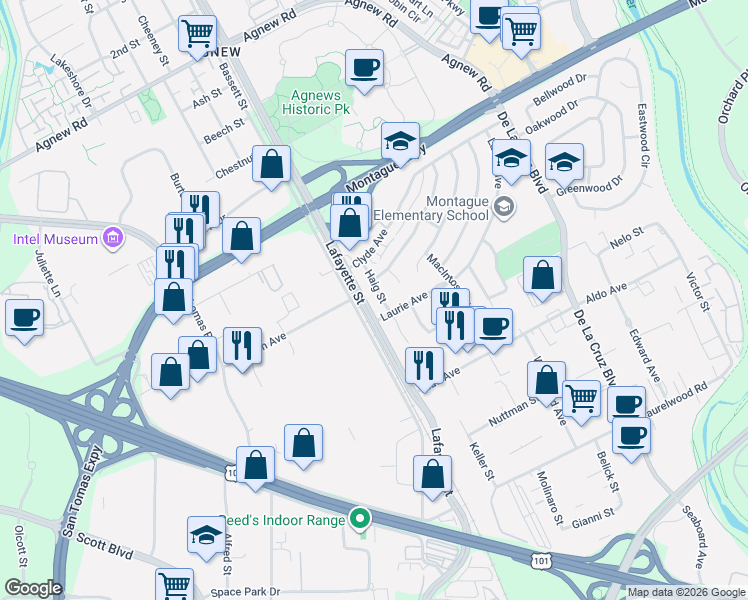 map of restaurants, bars, coffee shops, grocery stores, and more near 3680 Bassett Street in Santa Clara