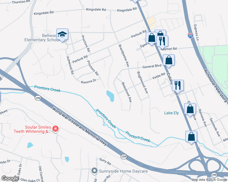 map of restaurants, bars, coffee shops, grocery stores, and more near 10061 South General Boulevard in Richmond