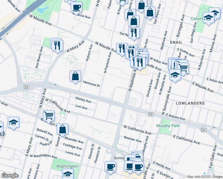 map of restaurants, bars, coffee shops, grocery stores, and more near 321 Soquel Way in Sunnyvale