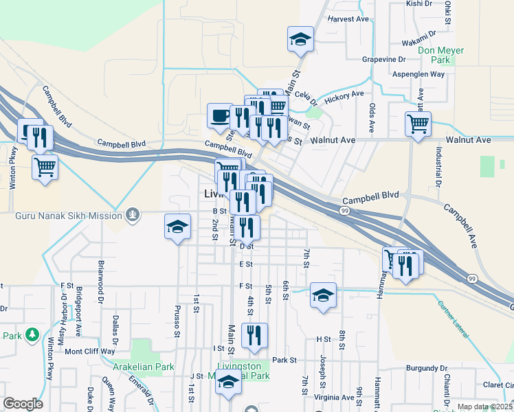 map of restaurants, bars, coffee shops, grocery stores, and more near 1471 B Street in Livingston