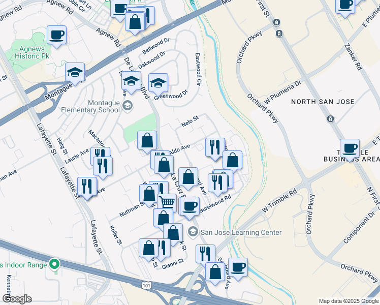 map of restaurants, bars, coffee shops, grocery stores, and more near 440 Aldo Ave in Santa Clara