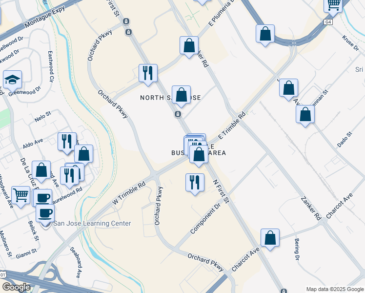 map of restaurants, bars, coffee shops, grocery stores, and more near 3773 North 1st Street in San Jose