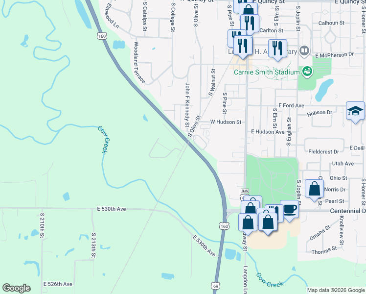 map of restaurants, bars, coffee shops, grocery stores, and more near 1999 South Olive Street in Pittsburg