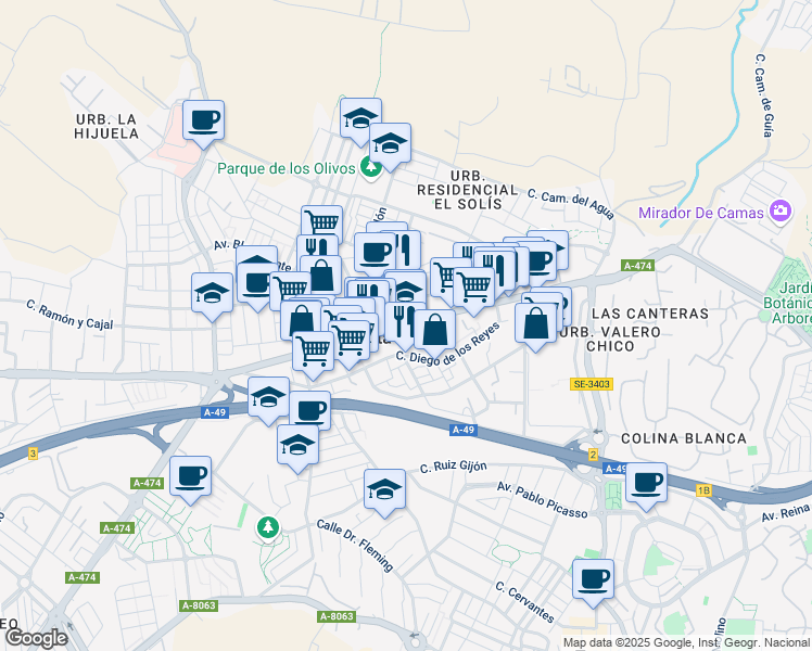 map of restaurants, bars, coffee shops, grocery stores, and more near Calle Real in Castilleja de la Cuesta