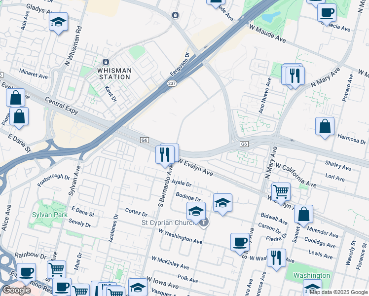 map of restaurants, bars, coffee shops, grocery stores, and more near 189 North Bernardo Avenue in Mountain View