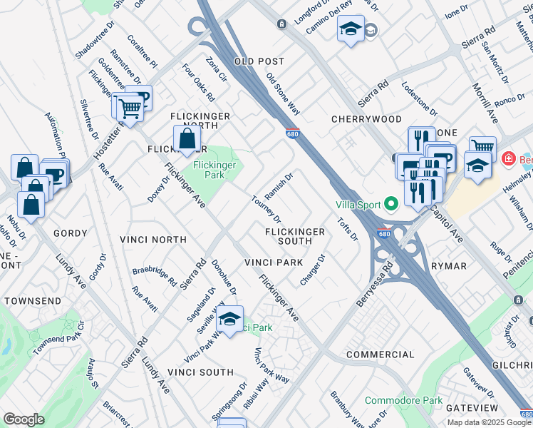 map of restaurants, bars, coffee shops, grocery stores, and more near 1365 Tourney Drive in San Jose