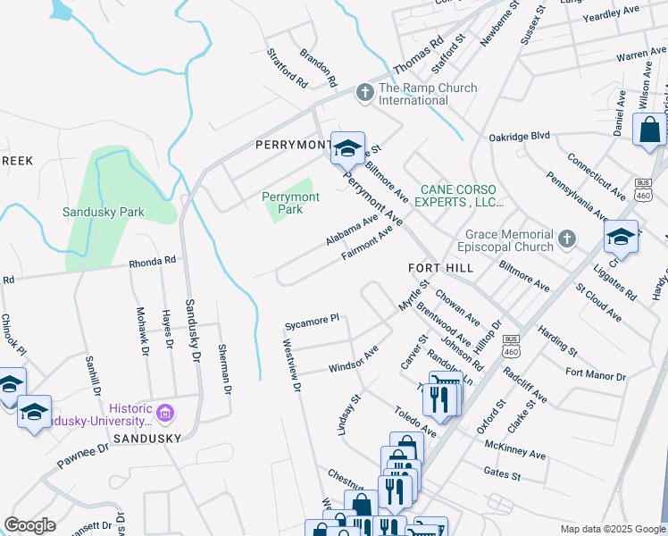 map of restaurants, bars, coffee shops, grocery stores, and more near 4614 Fairmont Avenue in Lynchburg