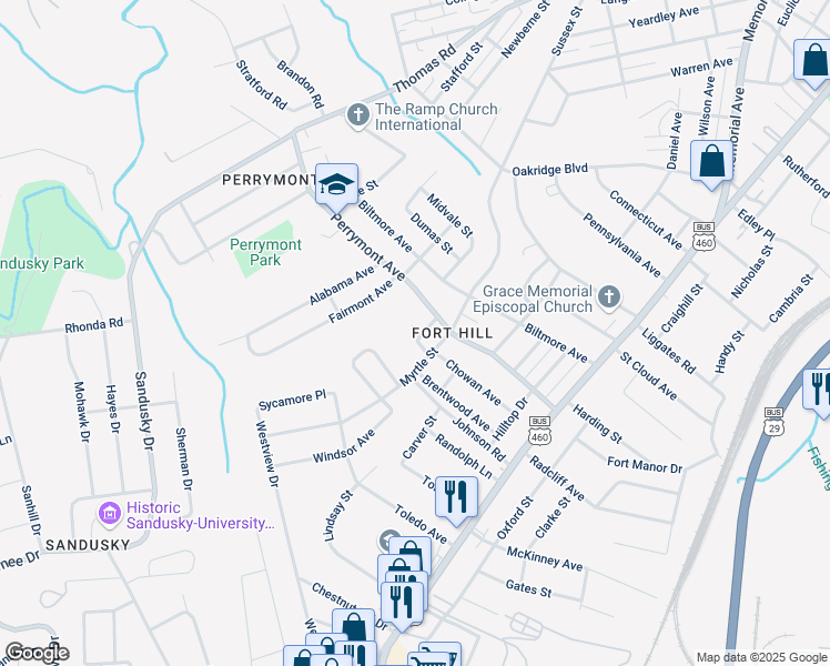 map of restaurants, bars, coffee shops, grocery stores, and more near 4513 Brooklawn Circle in Lynchburg