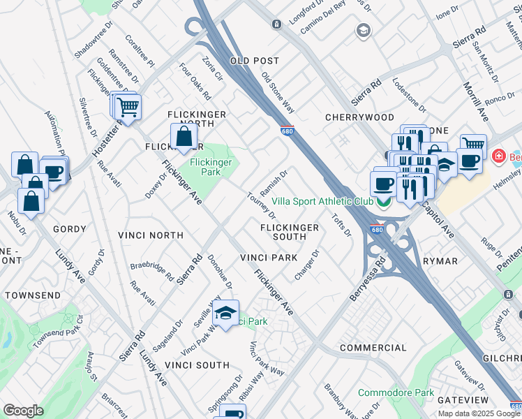 map of restaurants, bars, coffee shops, grocery stores, and more near 1365 Tourney Drive in San Jose