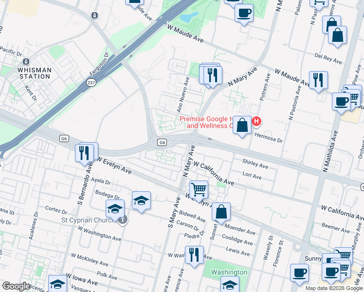 map of restaurants, bars, coffee shops, grocery stores, and more near 1024 Chula Vista Terrace in Sunnyvale