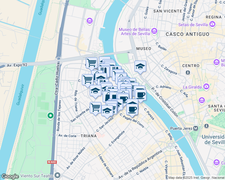 map of restaurants, bars, coffee shops, grocery stores, and more near 59 Calle Alfarería in Sevilla