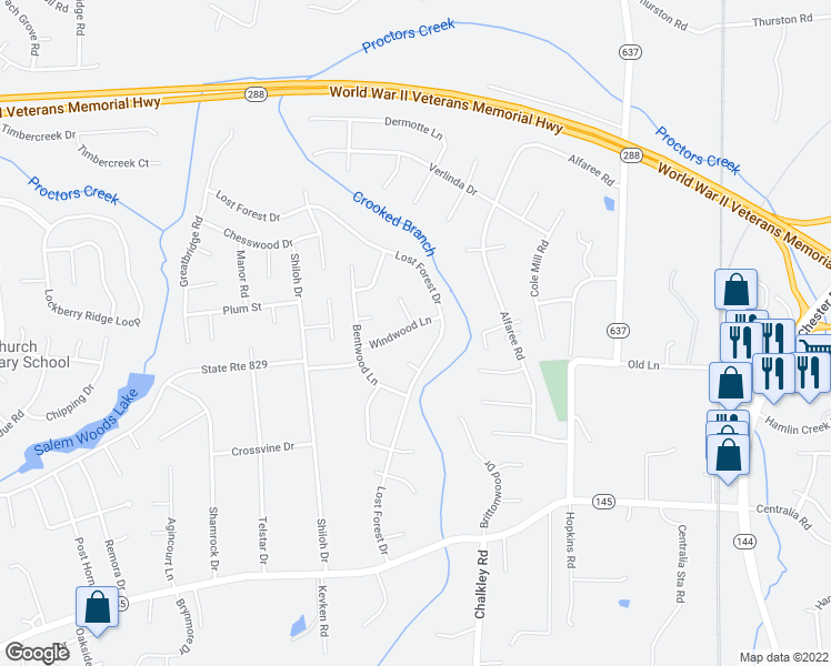 map of restaurants, bars, coffee shops, grocery stores, and more near 4919 Windwood Lane in Richmond