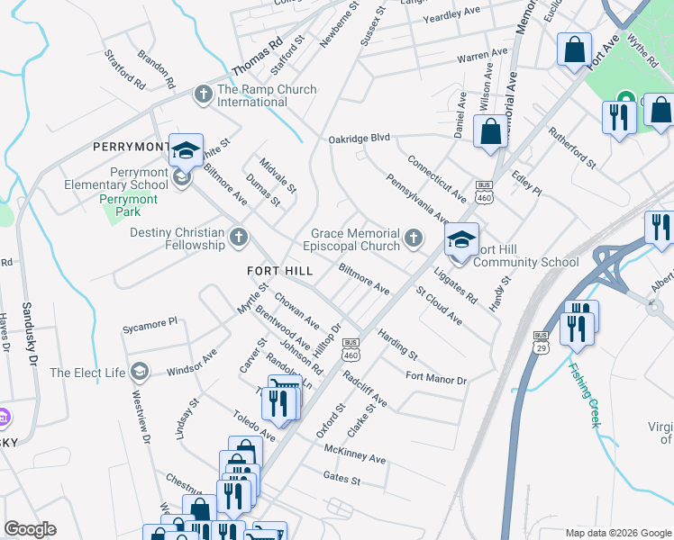 map of restaurants, bars, coffee shops, grocery stores, and more near 4304 Tremont Street in Lynchburg