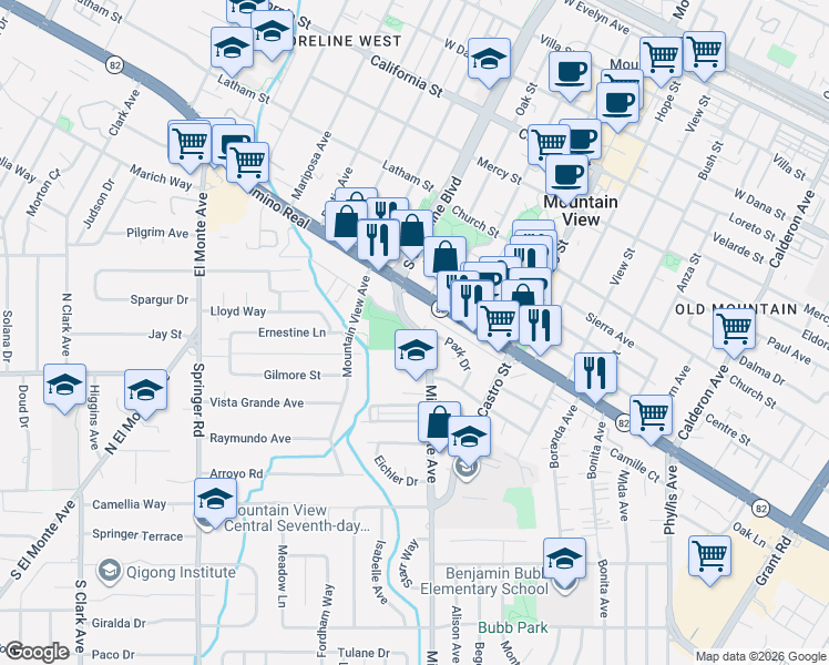 map of restaurants, bars, coffee shops, grocery stores, and more near 939 Miramonte Avenue in Mountain View