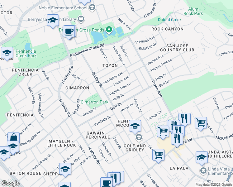 map of restaurants, bars, coffee shops, grocery stores, and more near 3327 Holly Drive in San Jose