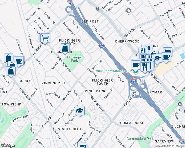 map of restaurants, bars, coffee shops, grocery stores, and more near 1351 Tourney Drive in San Jose