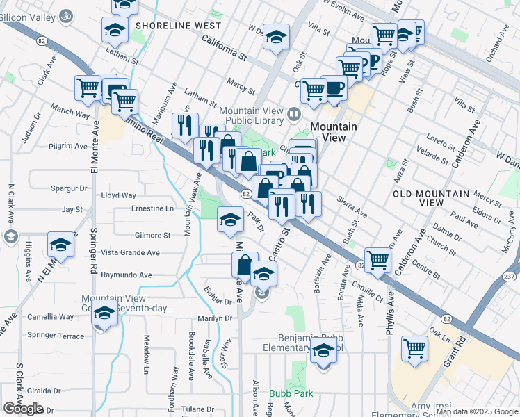 map of restaurants, bars, coffee shops, grocery stores, and more near 877 Park Drive in Mountain View