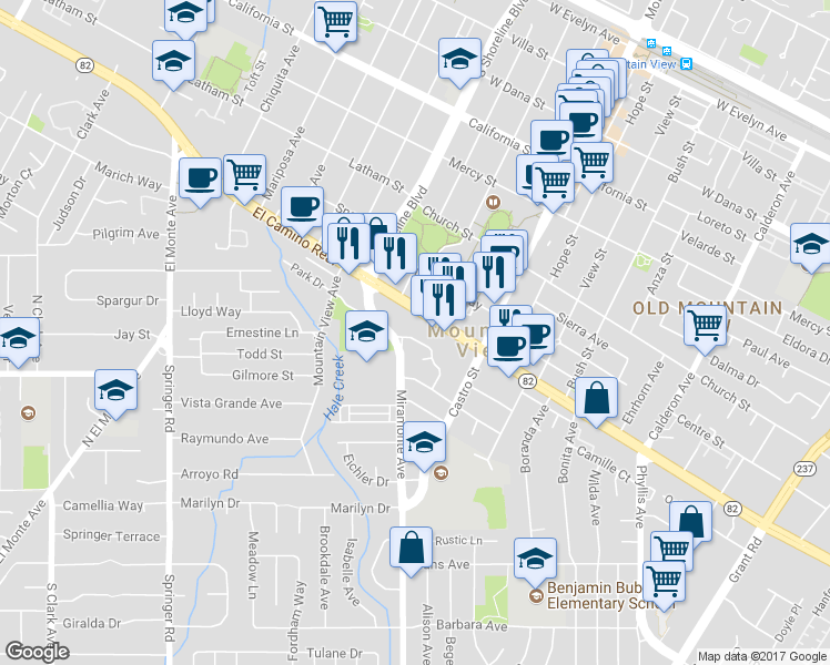 map of restaurants, bars, coffee shops, grocery stores, and more near 877 Park Drive in Mountain View