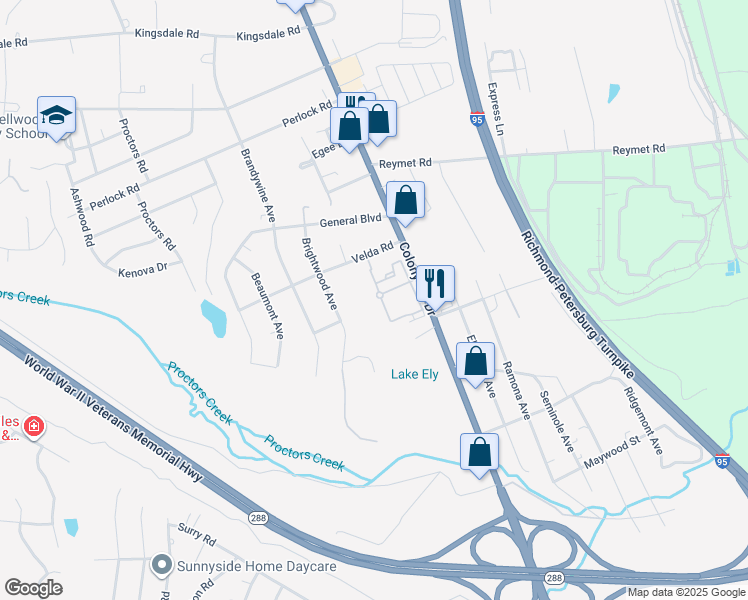 map of restaurants, bars, coffee shops, grocery stores, and more near 10300 Colony Village Terrace in Richmond