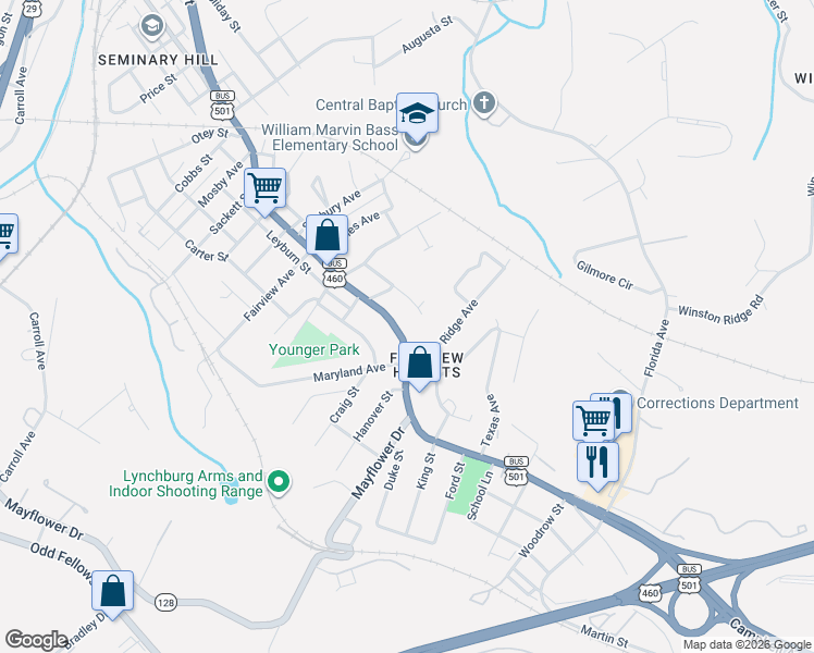 map of restaurants, bars, coffee shops, grocery stores, and more near 3334 Campbell Avenue in Lynchburg