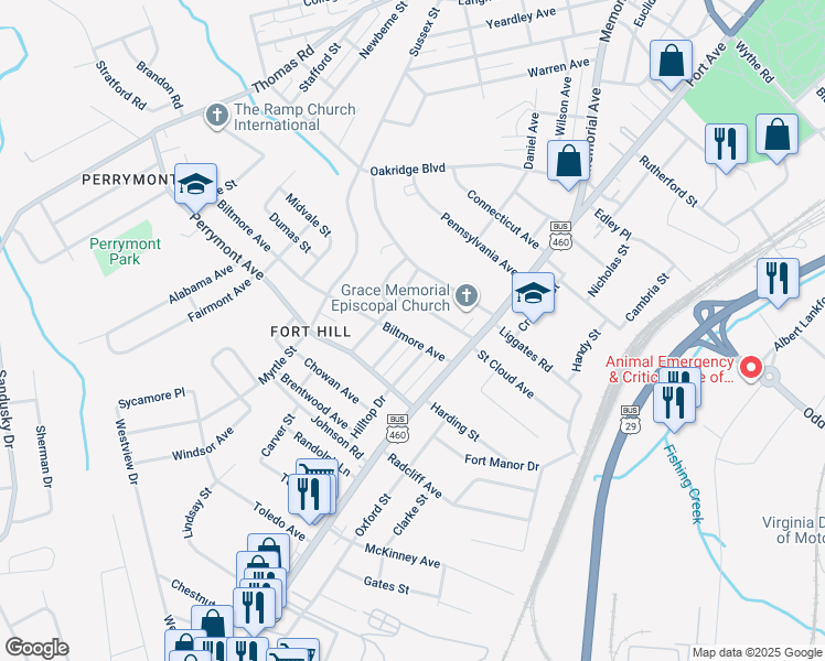 map of restaurants, bars, coffee shops, grocery stores, and more near 1012 Biltmore Avenue in Lynchburg