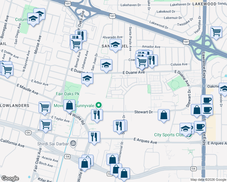 map of restaurants, bars, coffee shops, grocery stores, and more near 905 De Guigne Drive in Sunnyvale