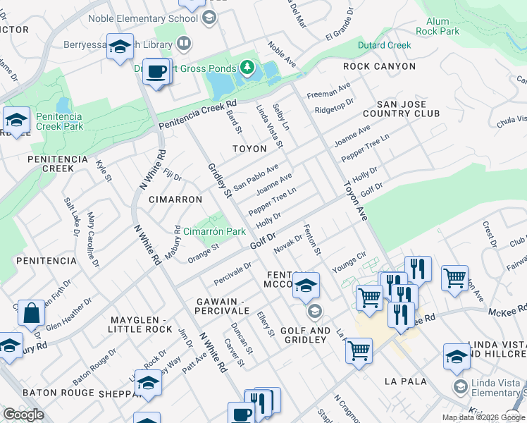 map of restaurants, bars, coffee shops, grocery stores, and more near 3327 Holly Drive in San Jose