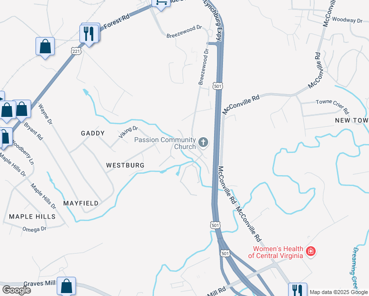 map of restaurants, bars, coffee shops, grocery stores, and more near 101 Stonemill Drive in Lynchburg