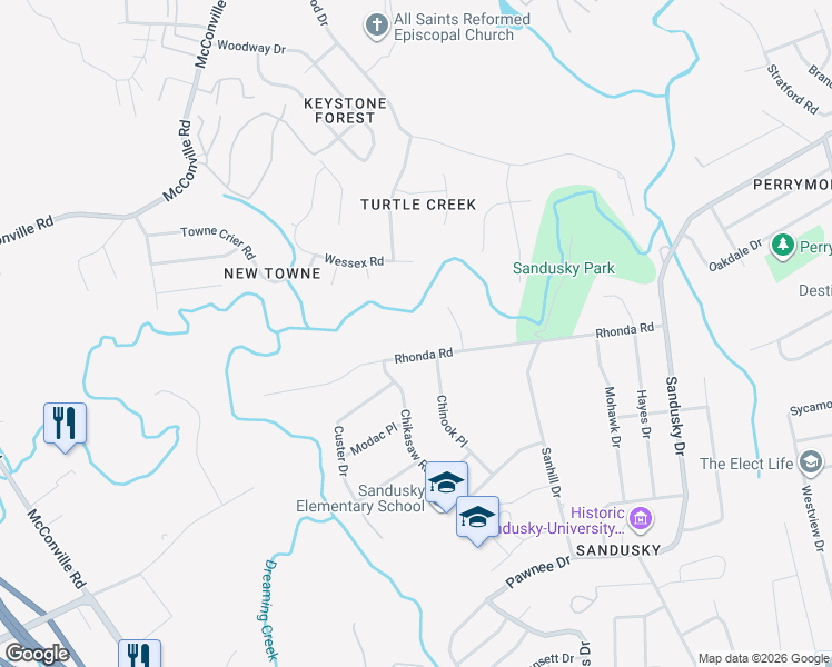 map of restaurants, bars, coffee shops, grocery stores, and more near 5917 Rhonda Road in Lynchburg