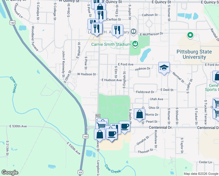 map of restaurants, bars, coffee shops, grocery stores, and more near 2015 South Locust Street in Pittsburg