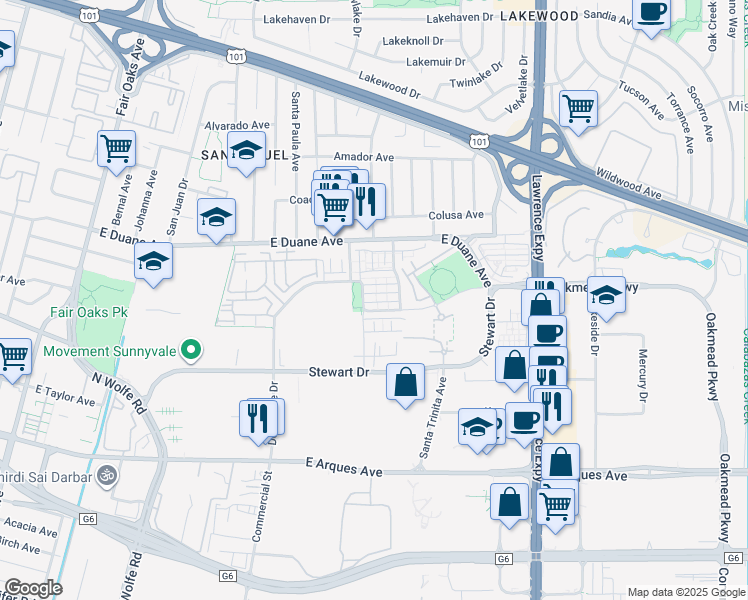 map of restaurants, bars, coffee shops, grocery stores, and more near 930 Highland Terrace in Sunnyvale