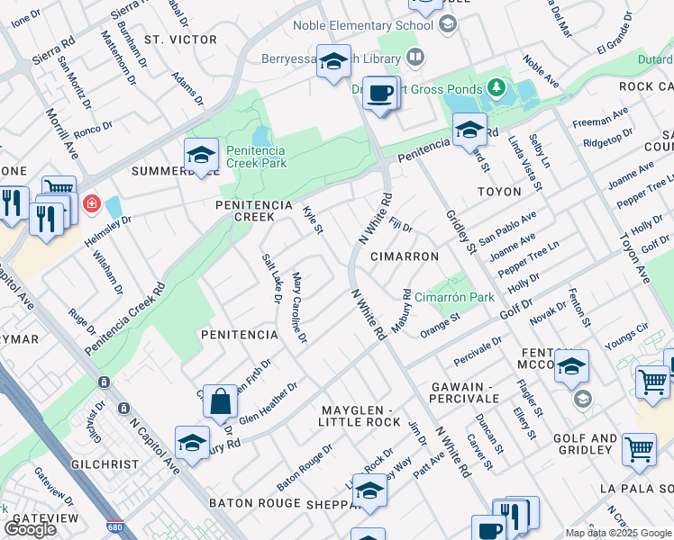 map of restaurants, bars, coffee shops, grocery stores, and more near 3007 Crystal Creek Drive in San Jose