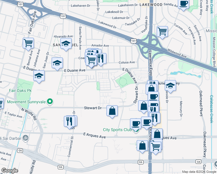map of restaurants, bars, coffee shops, grocery stores, and more near 976 Indian Wells Avenue in Sunnyvale