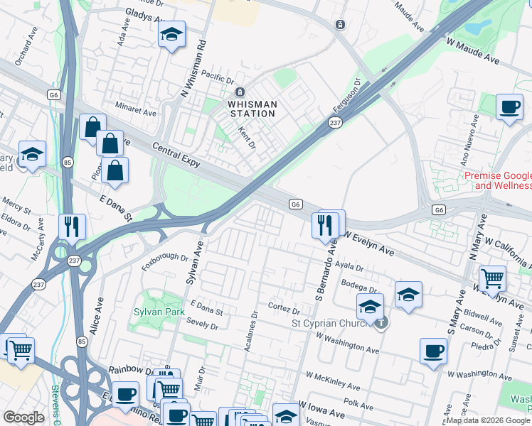 map of restaurants, bars, coffee shops, grocery stores, and more near 235 Hockney Avenue in Mountain View