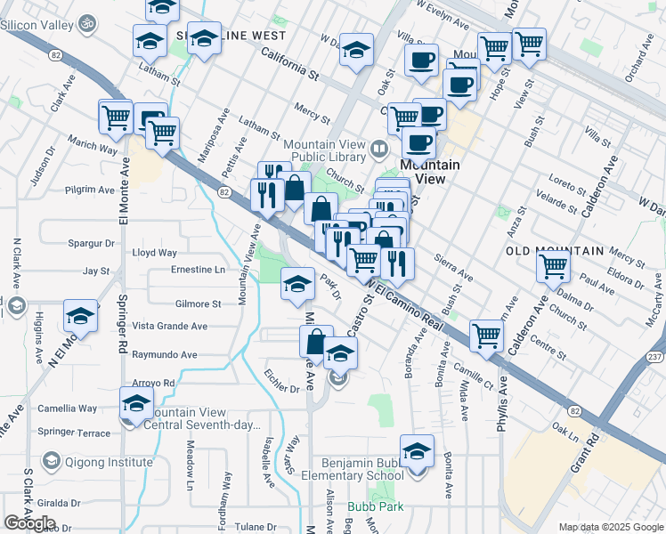 map of restaurants, bars, coffee shops, grocery stores, and more near 877 Park Drive in Mountain View